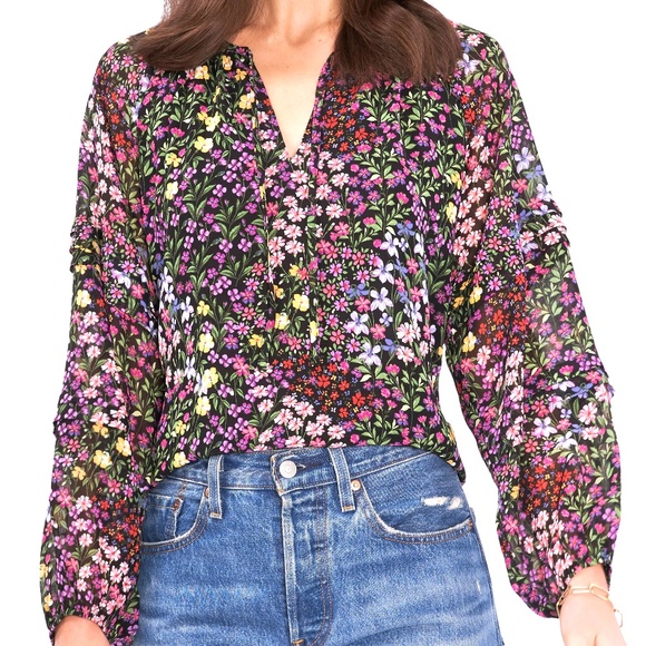 1.State Ditsy Patches Mixed Black Floral Blouse with Sheer Sleeves - Picture 1 of 6